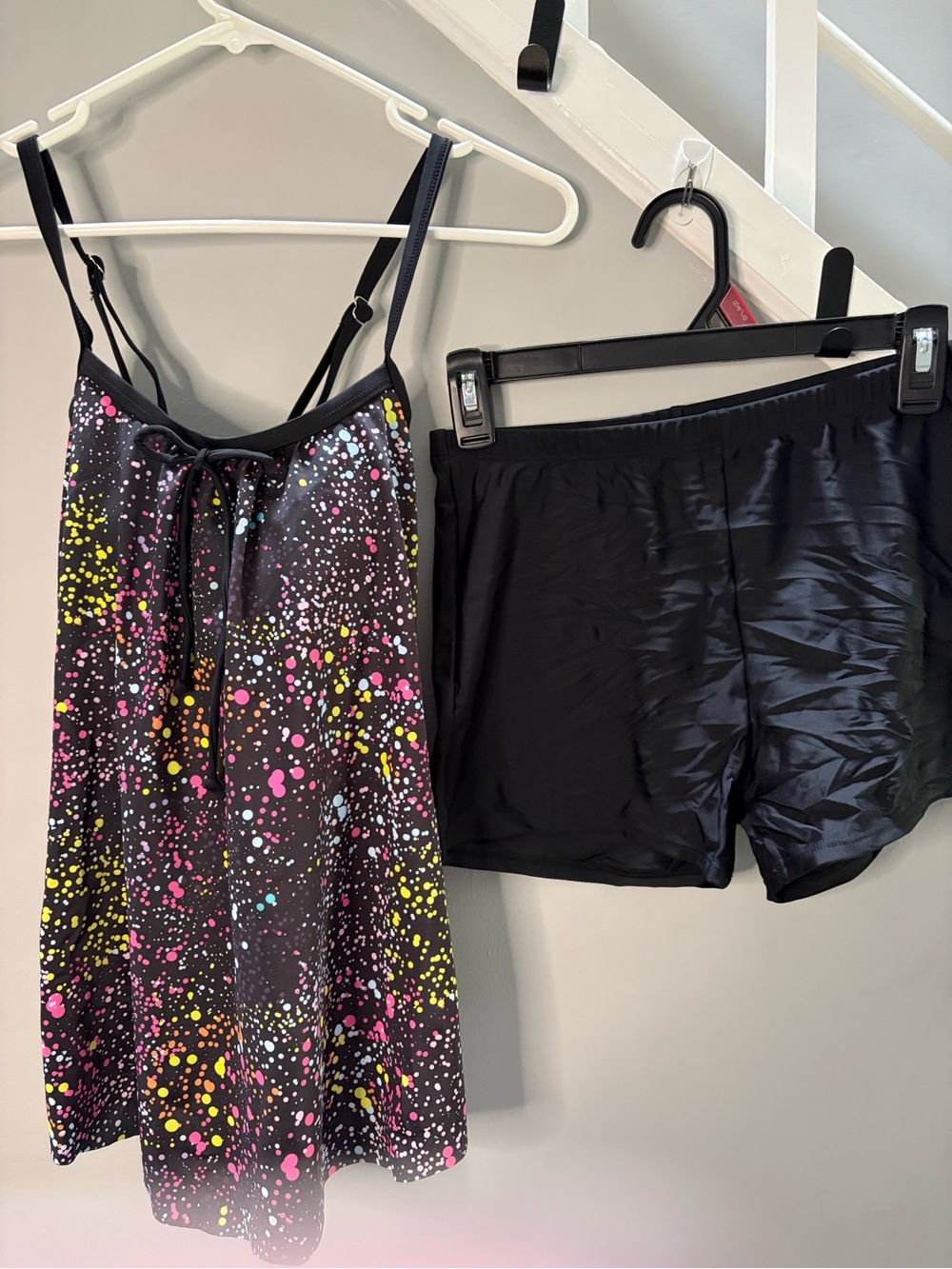 0205: Swimsuit Black Neon Splatter Tankini with Black Shorts - Women